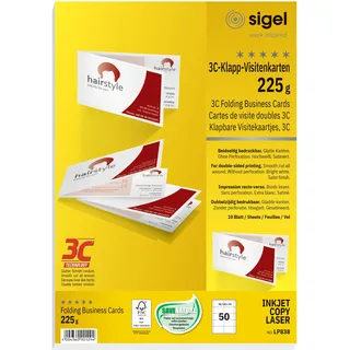 SIGEL Klapp Visitenkarten beidseitig bedruckbar hochweiß 50 Stk 180x55 mm | LP838, 10 Blatt mit glattem Rundumschnitt