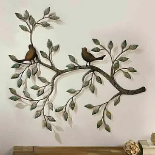 Vogel-wanddeko: Liebesvogelpaar Auf Ästen. 3d-metallskulptur, Retro-schmiedeeisen-dekor. 58 X 48 Cm. – Crezuo