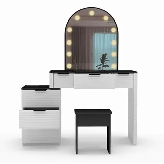 Modernes Schminktisch-Set mit Spiegel und Beleuchtung – stilvoll, 3 Beleuchtungsmodi, verstellbarer Schminktisch mit Glasplatte, Steckdose und 6 ...