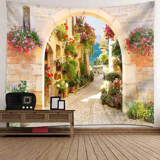 Mesnt Wandteppich Groß 200x200, 200x200cm Gasse mit Blumenarrangement Wandbehang Wandteppich für Meditation Schlafzimmer Wohnzimmer Schlafsaal | Bunt