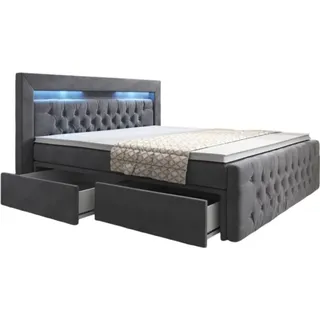 luxusbetten24 Boxspringbett Menzogna mit LED und Stauraum (2 Schubladen) H3 (70-100kg) - Grau