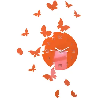 FLEXISTYLE Große Moderne Wanduhr Schmetterling rund 30cm, 15 Schmetterlinge, Wohnzimmer, Schlafzimmer, Kinderzimmer, Produkt in der EU hergestellt (Orange)