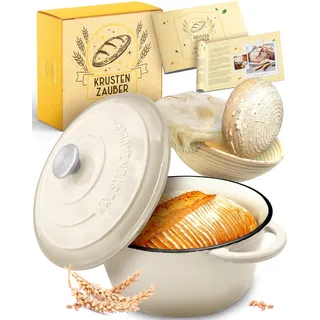 KRUSTENZAUBER Gusseisen Topf Brot backen emailliert inkl. Gärkorb - 26cm Emaille-Topf samt Zubehör - Ideal als Brotbacktopf, Brottopf, Brotbackform mit Deckel, Gusseisentopf Brotbacken, Schmortopf