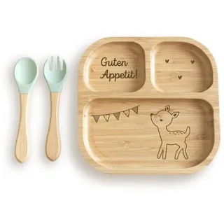 hellomini Kindergeschirr-Set Babyteller "Reh" Bambus Teller mit mint Besteck (1-tlg), 1 Personen, Bambus, Silikon, BPA-frei, mit Motiv, rutschfest,Saugnapf, Montessori-Fächer beige