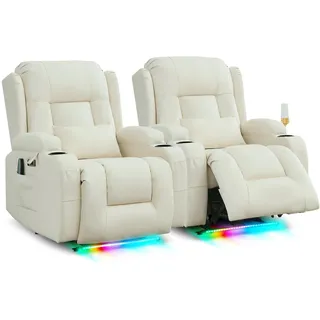 SITURAY Relaxsessel Fernsehsessel Elektrisch Verstellbar Massagesessel mit Liegefunktion Fußteil, Kunstleder TV Sessel mit Wärmefunktion, Kinosessel mit LED/USB für Wohnzimmer, bis 150 kg (2, Beige)