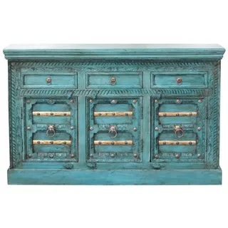 Casa Moro Sideboard Orientalische Kommode Fadoua 150x40x90 cm (B/T/H) Türkis (aus Massivholz mit handgeschnitzter Front, Echtholz Sideboard schmal, Vintage Kommodenschrank für einfach schöner Wohnen), Kunsthandwerk, CA542240 blau