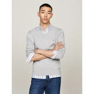 Strickpullover TOMMY HILFIGER "ESSENTIAL COTTON V NECK mit V-Ausschnitt und Stickerei", Herren, Gr. L, grau (light grau heather), Strick, Obermaterial: 100% Baumwolle, meliert, V-Ausschnitt, Rippbündchen, Pullover Strickpullover, unifarben, casual, regular fit, Baumwolle, V-Ausschnitt