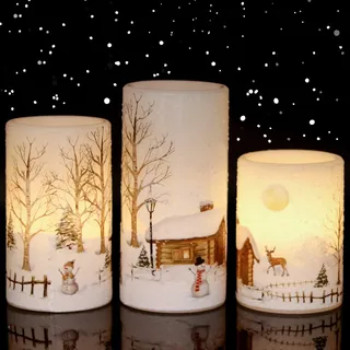 Eldnacele Weihnachtskerzen LED mit Timerfunktion, Schneemann-Motiv, 3er Set | LED Kerzen Weihnachten, LED Echtwachskerzen, LED Kerzen flackernde Flamme, flammenlose Kerzen, 6H Timer, 2 AA-Batterien