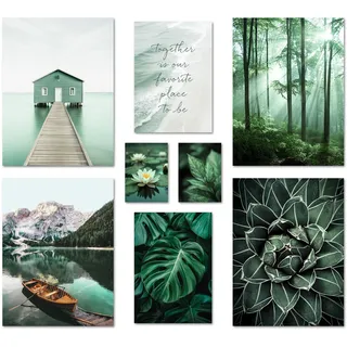 ARTFAVES® Poster Set - PETROL NATURE - mehrteilige Wanddeko Wohnzimmer & Schlafzimmer - 8 moderne Wandbilder grün, wald, natur, petrol-grün, pflanzen, berg, see - ohne Bilderrahmen