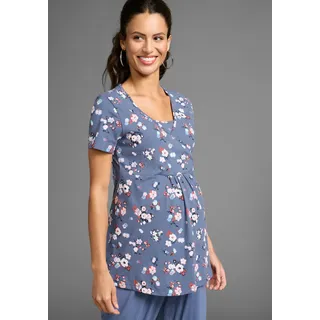 Umstandsshirt NEUN MONATE "Schwangerschafts- und Stillshirt in Wickeloptik", Damen, Gr. 40/42, blau (blau geblümt), Jersey, Obermaterial: 95% Baumwolle, 5% Elasthan, bedruckt, geblümt, V-Ausschnitt, Shirts Umstandsshirt, Wickelshirt für Schwangerschaft und Stillzeit