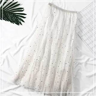 CEFPOD Glitzer Rock,Pailettenrock Damen Elegante Frauen Tüllrock Mode Pailletten Stern Sommer Mesh Damen Lange Rock Elastische Hohe Taille Party (Color : White, Size : One Size)