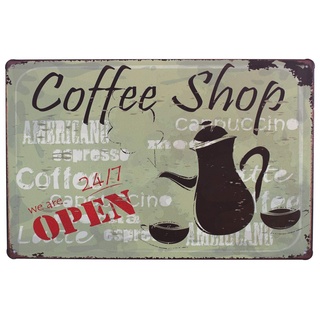 Hioni Coffee Shop We Are Open 24/7 Vintage Blechschild Kaffee Poster Wandschild Wand Dekoration Metallschild Türschild