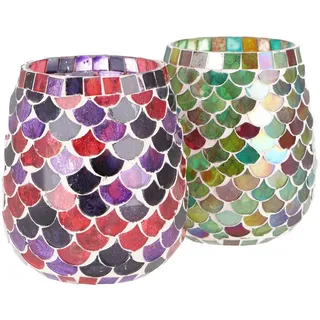 Guru-Shop Windlicht 2 handgearbeitete Glas Mosaik Windlichter,.. bunt Ø 11 cm x 11 cm x 12 cm x 11 cm
