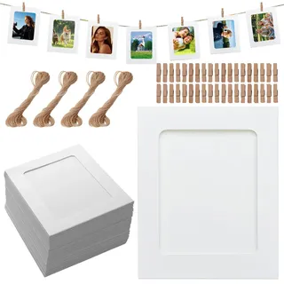 lakudayy 40 Stück Fotogirlande, 11.5 * 15.5 cm Fotorahmen für Mehrere Fotos aus Pappe, Fotoleine mit Klammern, DIY Bilderrahmen Wanddekoration für Hochzeit Party Jubiläum Deko Foto Banner (Weiß)
