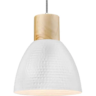 ELYONA Pendelleuchte Weiß Gehämmert, Ø 26 cm Skandinavische Hängelampe aus Massivholz & Metall, Modern Hängeleuchte für Esstisch, Küche, Esszimmer, Schlafzimmer & Bar, Nordisch Landhausstil