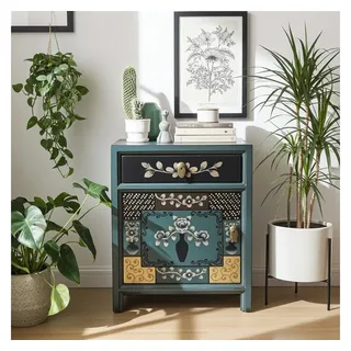 OPIUM OUTLET Nachtkommode Orientalisches Nachtkästchen asiatischer Nachtschrank (asia asiatsich chinesisch orientalisch Nachttisch Nachtkonsole, Schlafzimmer Möbel komplett montiert), Vintage Shabby-Chic Landhaus Antik-Stil blau