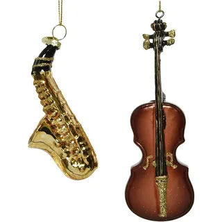 Decoris Christbaumschmuck Glas 12cm 2er Set Geige Saxophon Instrumente Weihnachtskugeln braun
