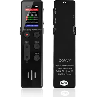 64 GB digitales Diktiergerät, COVVY Sprachaktivierter Rekorder, tragbarer Sound-Recorder mit Wiedergabe, Mini-HD-Aufnahmegeräte für Interview/Klasse/Meeting