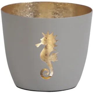 Seaside No.64 - Maritime Windlichter Baltic aus Metall mit ausgestanzten Motiven - Verschiedene Farbkombinationen für Teelichter & Stumpenkerzen in Haus und Garten (Seepferdchen - grau, Gold)
