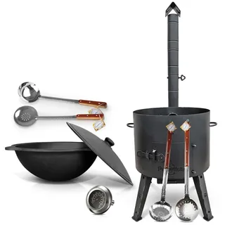 Utschak Feuerofen Ø 52,7 cm mit Thermometer Gusseisen Topf runder Boden mit Deckel (22 L) Ø 49 cm KazanoFF, Учаг, Kazan Outdoor, Feuerschale, Camping, Kazan, Gulaschkanone Dutch Oven (Set 5)