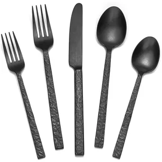 HIKAA 20-Teiliges Besteck Schwarz Matt, Besteck Set 4 Personen, Gehämmert Essbesteck aus 18/10 Edelstahl Besteck, Cutlery Set für zu Hause und Restaurants, Spülmaschinenfest