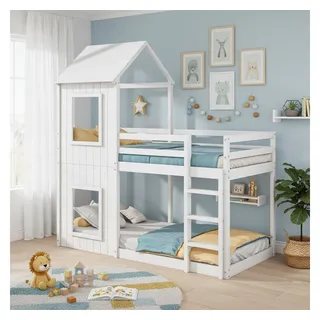 Flieks Etagenbett, Hochbett mit Treppe Hausbett Kinderbett 200x90cm Kiefer weiß