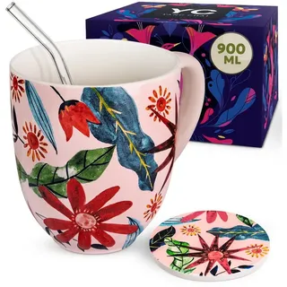 Yang Chai Tasse XXL Teetasse, Große Jumbotasse mit 900ml Fassungsvermögen (Sunflower), Porzellan, 4-teiliges hochwertiges Teeset mit Sonnenblumen Motiv