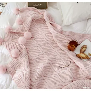 Heiße Strickdecke, niedlicher Stil, grobe Chenille, Überwurf, Decke, Sofa, Bett, Stricken mit Pompons, Dekoration, weich, warm, bequem für Junge Mädchen und Jungen (rosa, 130 x 160 cm)