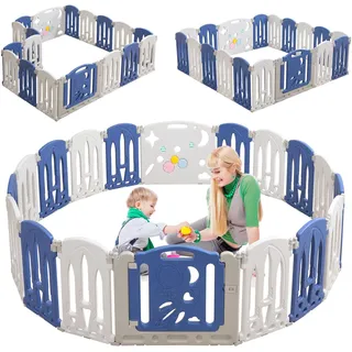 XINZI Laufgitter Baby Laufstall Faltbar Kinderzaun 18 Paneele Kunststoff Spielzaun Babyzaun mit Tür und Spielzeugboard Groß Krabbelgitter Sicherheitszaun Absperrgitter für Kinder, Weiß + Blau