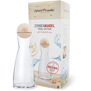 Zirben Familie® das Original ZirbenKugel Set mit Wasserkaraffe | Verleiht dem Wasser eine besondere Note | 1 Liter SPIEGELAU Karaffe aus Kristallglas mit Deckel aus ZirbenHolz | Tiroler Adler Edition