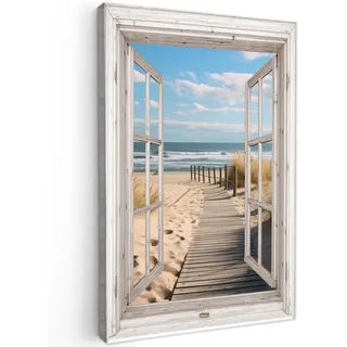 LEINWANDBILD Fenster - Meer - Küste - Natur - Ausblick - Strand - Wattenmeer Deko Wohnzimmer 20x30 cm