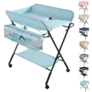 Wickeltisch klappbar, Wickelkommode mit Auflage, platzsparend & mobilSicherheitsgurt und 4 Rollen mit Bremse, 74 x 63 x 92-98 cm, Farbwahl (blau)