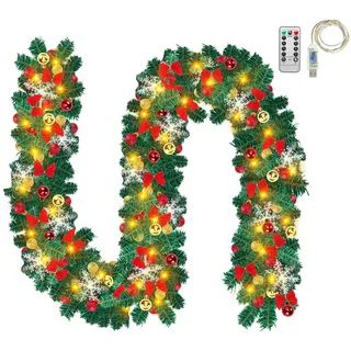 Fiqops Weihnachtsgirlande mit Beleuchtung, 5m 100 LEDs Warmweiß inkl.Deko und Fernbedienung, Künstliche Tannengirlande USB 8 Modus Lichterketten, Weihnachtsdeko für Kamine Treppen Wand