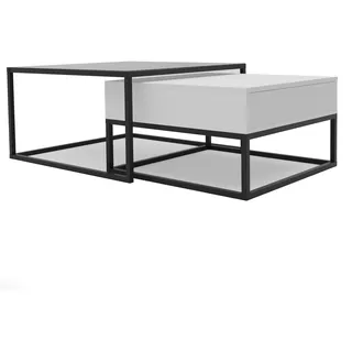 COUCHTISCH quadratisch Weiß, MDF/Glas Tischplatte, Rahmen Schwarz