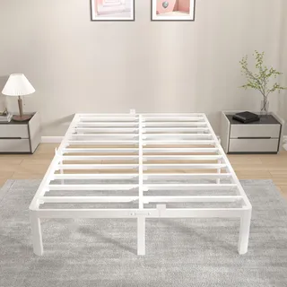 KVLKBV Doppelbett 140 x 200 cm, weißes Gestell mit Antirutsch-Pattinen und Stauraum (35,5 cm), ideal für Schlafzimmer und Gästezimmer