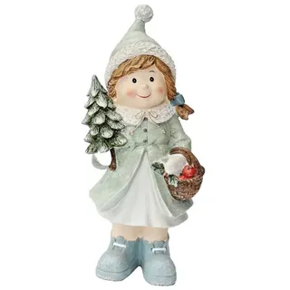Kaufhaus le petit Weihnachtsfigur Deko Winterkind Wichtel Kind Mädchen mit Tanne Apfel Korb Skulptur, Figur Objekt Dekofigur Dekoskulptur Dekoobjekt Polyresin (Kunststein)