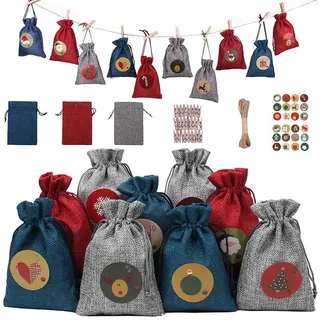 Coonoor Christbaumschmuck Adventskalender DIY Weihnachten Geschenksäckchen Stoffbeutel (24-tlg), 1-24 Zahlenaufkleberetiketten
