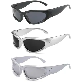 Yuwnd 3er-Pack Rave Brille, Rave Brille Herren, Y2K Retro Techno Brille, Sonnenbrille für Partys Musikfestivals Accessoires Futuristische Sonnenbrille Wrap Around Radsportbrillen - Einheitsgröße
