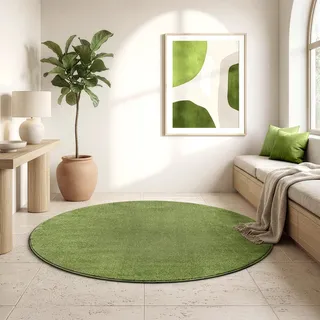 SANAT Kurzflor Teppich Wohnzimmer - Uni Modern Teppiche fürs Schlafzimmer, Arbeitszimmer, Büro, Flur, Kinderzimmer und Küche - Grün, 120 cm Rund