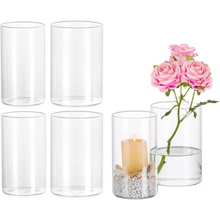 Hewory Zylinder Vase Glas Blumenvase Modern Vasen Groß Glaszylinder Mit Boden Glasvase 15cm Hoch, Windlicht Glas Kerzenhalter für Stumpenkerzen Schwimmkerzen für Wohnzimmer Hochzeit Tischdeko, 6pcs