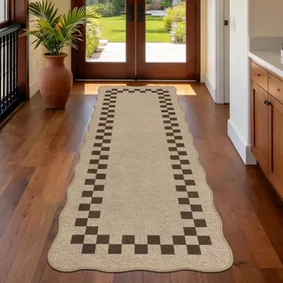 GEANUP Teppich Läufer Flur rutschfest 60x180cm, Waschbar Jute Aussehen Küchenteppich, Kariert Flurläufer, Modern Haltbarer Teppichläufer für Eingang Wohnzimmer Korridor Schlafzimmer Balkon