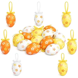 NaDeco 12x Ostereier zum Aufhängen – Deko Eier aus Kunststoff 6 cm – Osterdeko für Zweige, Osterstrauch & Garten – Frühlingsdeko in verschiedenen Designs & FarbenᅠWeiß-Gelb-Orange