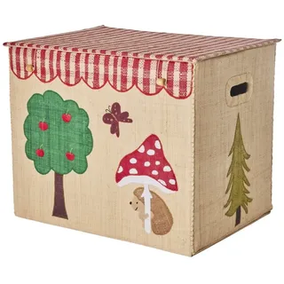 RICE Aufbewahrungskorb Happy Forest | Kinderzimmer-Korb mit Waldmotiv, Deckel & Griffen | Handgefertigt aus Raffia | 52x37x41 cm | faltbar & dekorativ