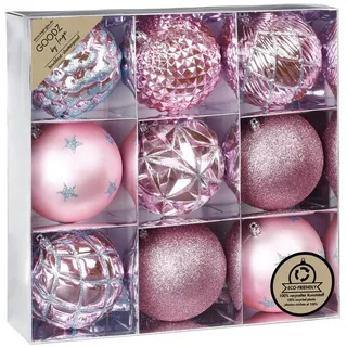 Holly & Jolly Weihnachtsbaumkugel, Weihnachtskugeln Kunststoff 10cm Muster / Glitzer Mix 9er Set - Rosa rosa