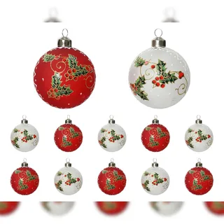 Christmas Decorations 12 Weihnachtskugeln 8cm Glas mit Stechpalmen Motiv Christbaumkugeln Weihnachtsbaumkugeln Christbaumschmuck Weihnachtsbaumschmuck Deko Rot Weiß