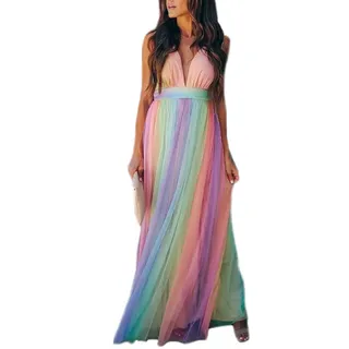 HuanHaoYu Elegantes Damenkleid, lang, tiefer V-Ausschnitt, Sommerkleid, bunt, Spaghetti-Maxikleid, einzigartiges Tüllkleid, mehrfarbig, M - M