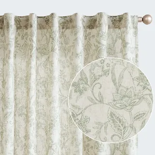 Lazzzy Leinen-Vorhänge, Bauernhaus-Vorhänge mit grünem Blumendruck, 160 cm, Lange Schlaufen auf der Rückseite, für Wohnzimmer, Schlafzimmer, halbtransparent, Gemustert, Landhaus-Vintage-Vorhänge, 2
