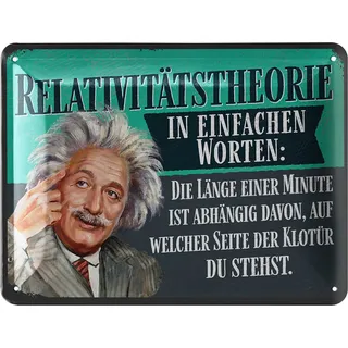 LANOLU Retro Blechschild - RELATIVITÄTSTHEORIE in einfachen Worten Poster aus Metall mit Zitat, Badezimmer WC Schild lustig, Sprüche Schild, vintage Metallschild 15x20cm