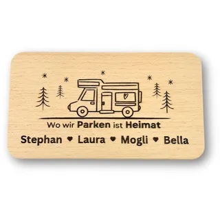 Camping Geschenk personalisiert - Frühstücksbrett Holz mit Gravur und Wunschnamen o. Wunschtext - Camper Frühstücksbrettchen Wohnmobil – Geschenke für Campingfreunde – Brettchen Männer Frauen