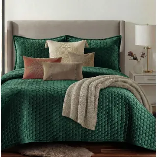 Tribeca Living Velvet Twin Quilt Set - Zweiteiliges Lugano Wabenstich Bettwäsche, superweicher 260 g/m2 Samt, übergroße Steppdecke und 1 Kissenbezug, Blaugrün